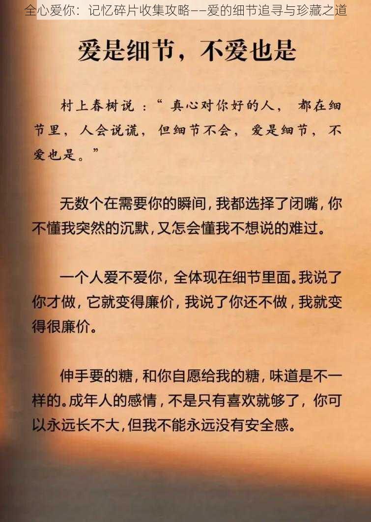 全心爱你：记忆碎片收集攻略——爱的细节追寻与珍藏之道