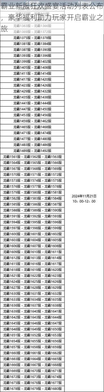 霸业新服狂欢盛宴活动列表公布，豪华福利助力玩家开启霸业之旅