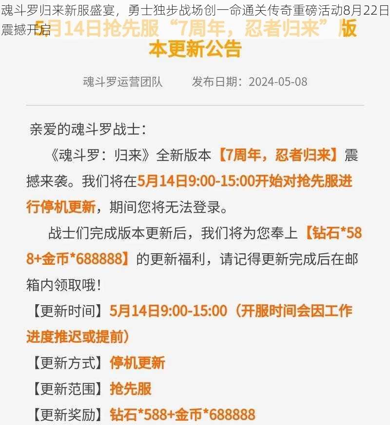 魂斗罗归来新服盛宴，勇士独步战场创一命通关传奇重磅活动8月22日震撼开启