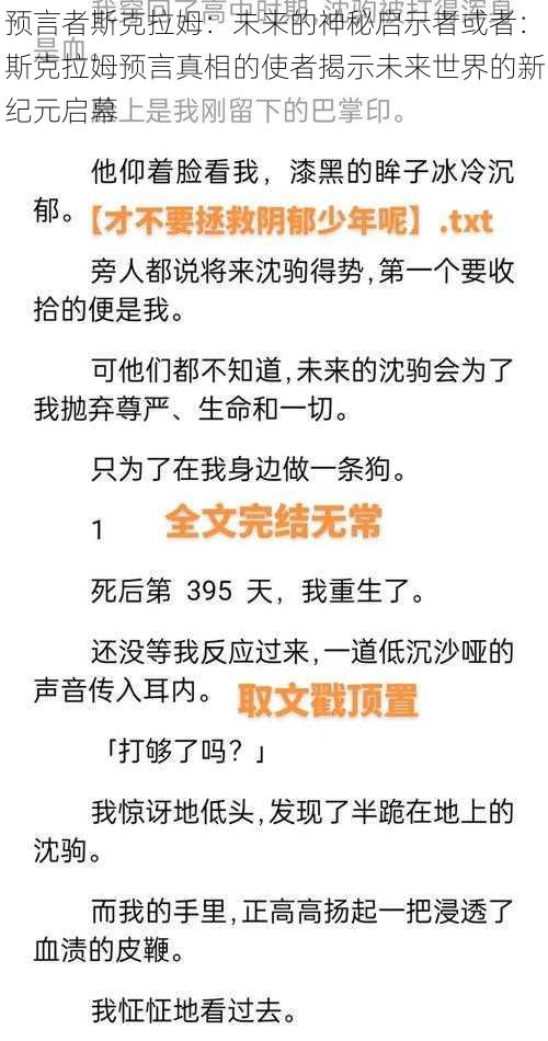 预言者斯克拉姆：未来的神秘启示者或者：斯克拉姆预言真相的使者揭示未来世界的新纪元启幕